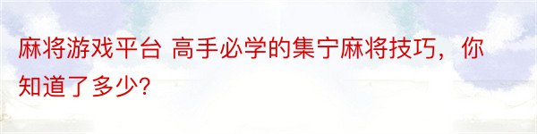 麻将游戏平台 高手必学的集宁麻将技巧，你知道了多少？